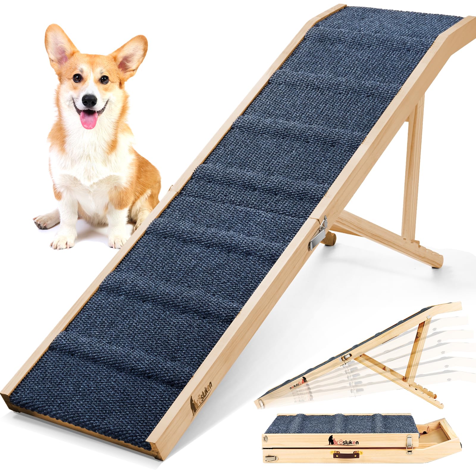 Photo 1 of ???? ???????? Dog Ramp for Bed, 64" Long Foldable Pet Ramp for Small Large Dogs, Dog Ramps for High Beds Car, High Traction with Platform 6 Adjustable Heights 24" to 30" Up to 220LBS, Wood