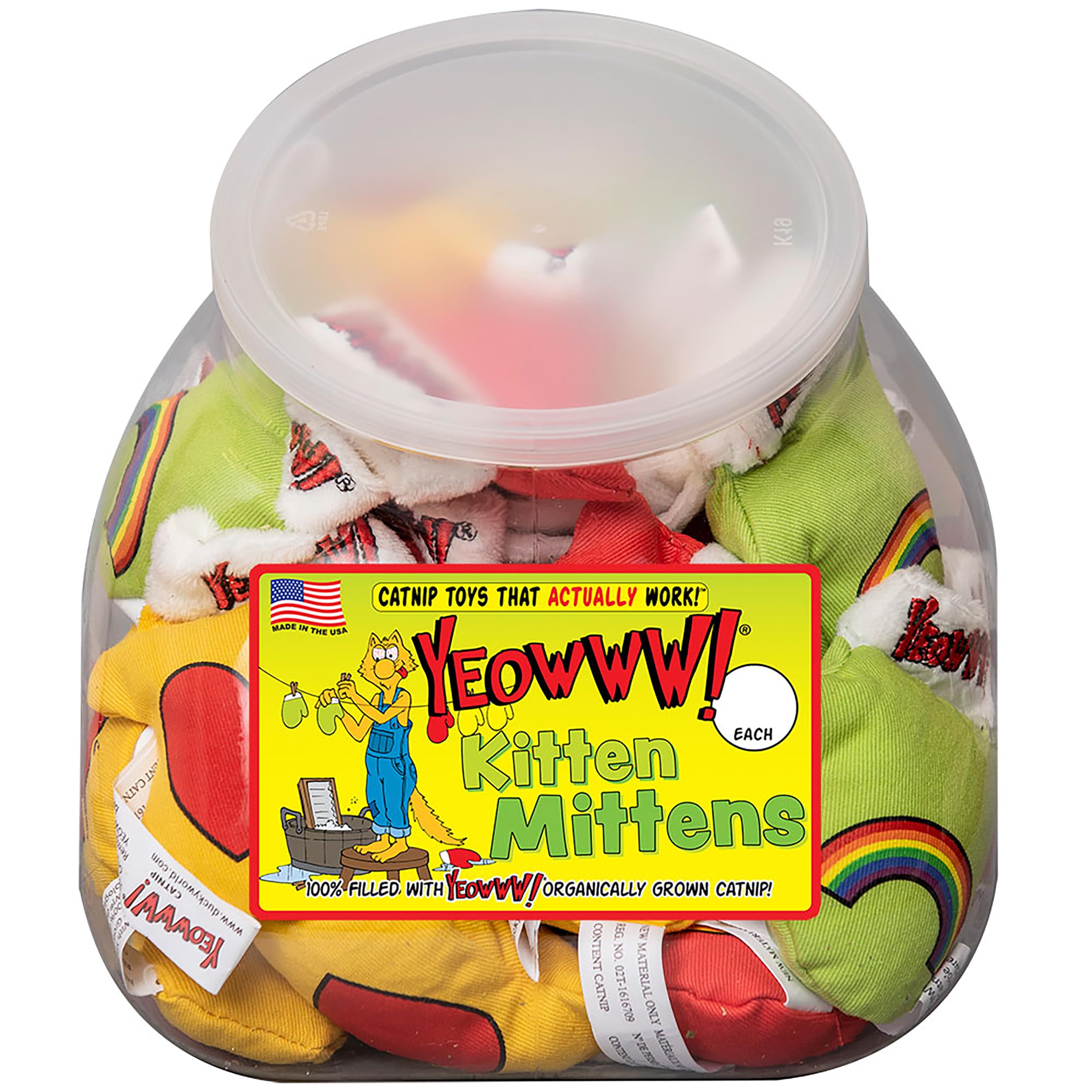 Yeowww! Jug of 30 Kitten Mittens, Catnip Toys for Cats 30PC, Organic Catnip, Multi Colour Cat Toys