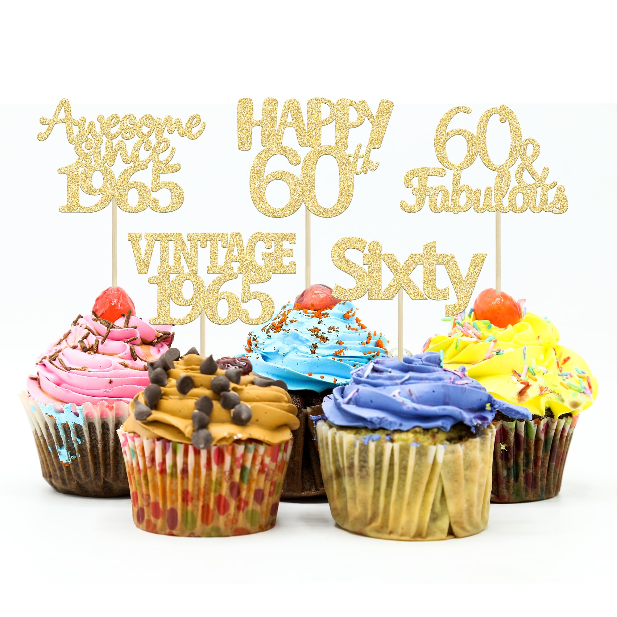 Gyufise 30 Pack Gold Glitter 60th Birthday Cupcake Toppers - 30 Pcs Gold 60 Cupcake Toppers - 60th Birthday, Anniversary Cake Supplies — image 1