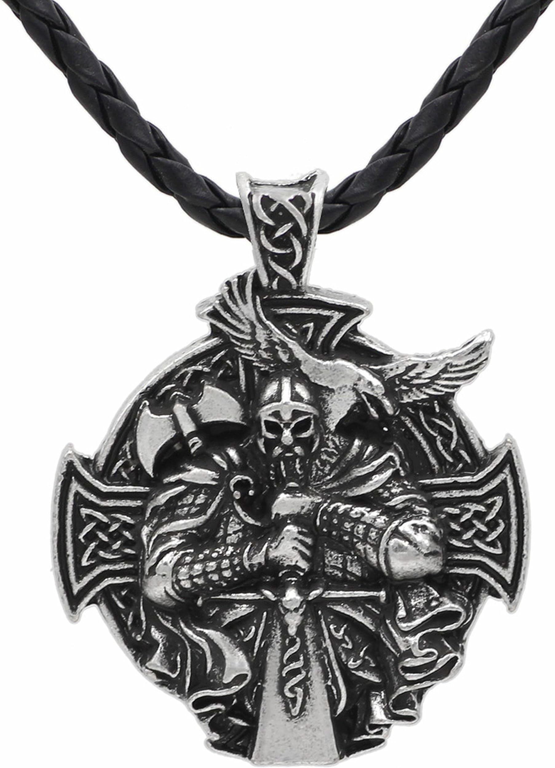 Detailed 3D Warrior Sword and Axe - Protection Celtic Cross Steampunk Mjolnir Scandinavian Raven Runen Pagan Fenrir Nordic Pendant Necklace - Stainless Steel Leather