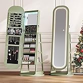 360° Swivel Jewelry Mirror Cabinet with Lights, Inside Makeup Mirror, Standing Jewelry Armoire Organizer, Rotatable Full-Length Mirror with Jewelry Storage, Lockable with Back Storage Shelves (Green)