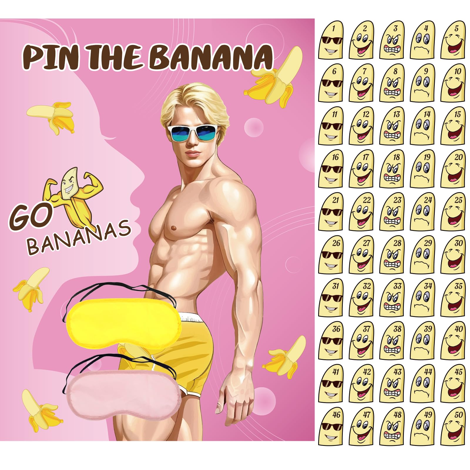 Photo 1 of Bachelorette Party Games Pin The Banana on The Hunk Bachelorette Game with 50 Stickers Blindfold Game for Bridal Shower Games Girls Night Wedding Engagement Party Games