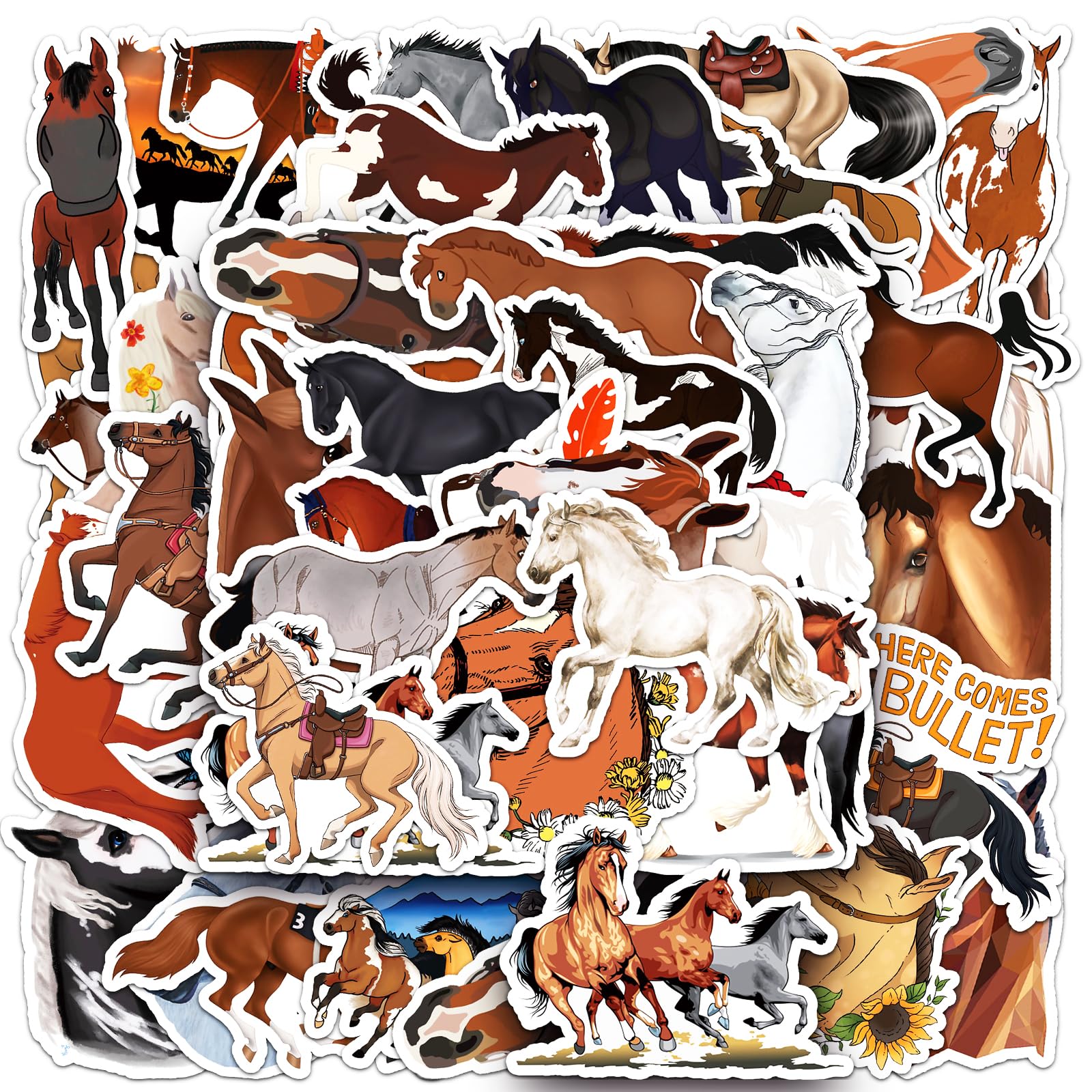 50Pcs Horse Stickers Sets,Waterproof Vinyl Cartoon Horse Stickers for Kids,Graffiti Stickers Decals for Skateboard Laptop Phone Water Bottle Luggage Motorcycle Helmet Bicycle Fridge Kids Teens Gift