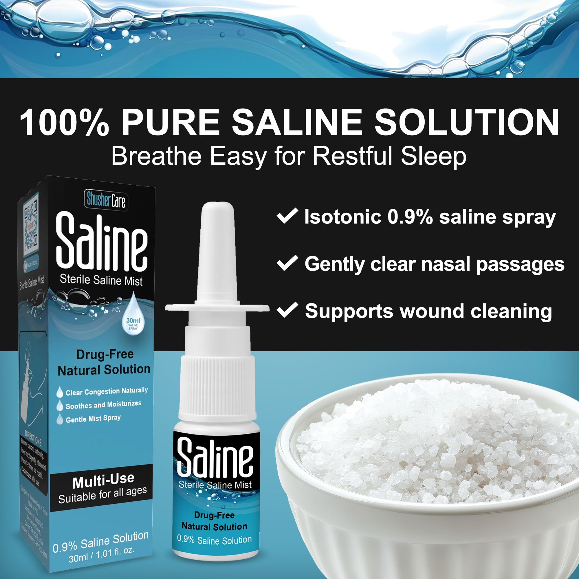 Shusher Care Saline Spray for Nose - Nasal Spray Saline Solution for Newborn, Baby & Adults, Salt Water Decongestant Mist for Stuffy Nose, Travel Friendly, Natural, 0.9% Saline - 30 ml (1.01 fl oz)