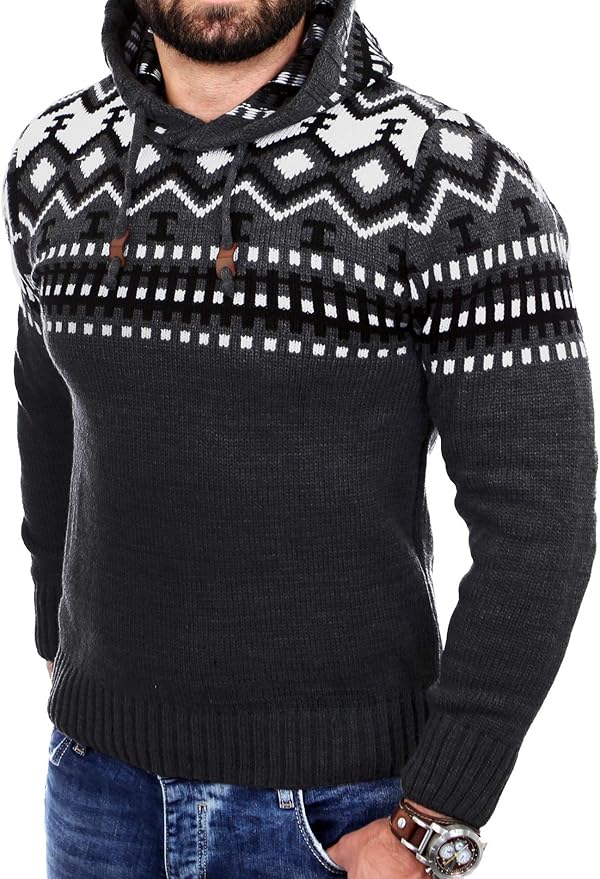 Reslad Norwegian men's knitted winter hooded jumper, RS3013 Grey X