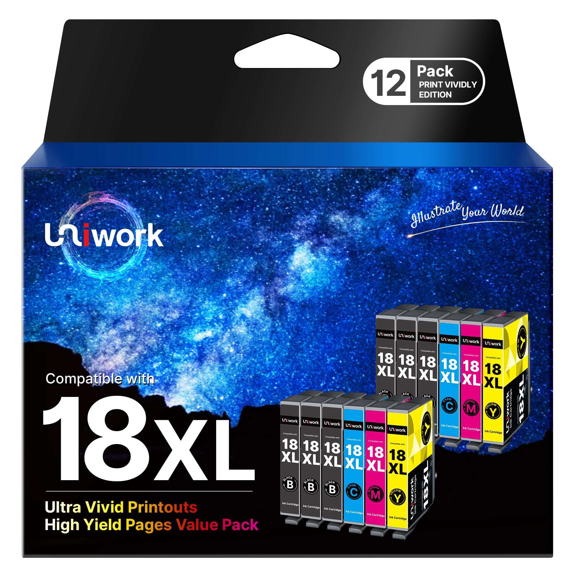 Uniwork 18XL Compatible Ink Cartridge Replacement for Epson 18 for XP102 XP202 XP205 XP212 XP225 XP215 XP305 XP312 XP315 XP322 XP325 XP405 XP415 XP422 XP425 XP412 (Black Cyan Magenta Yellow, 12-Pack)