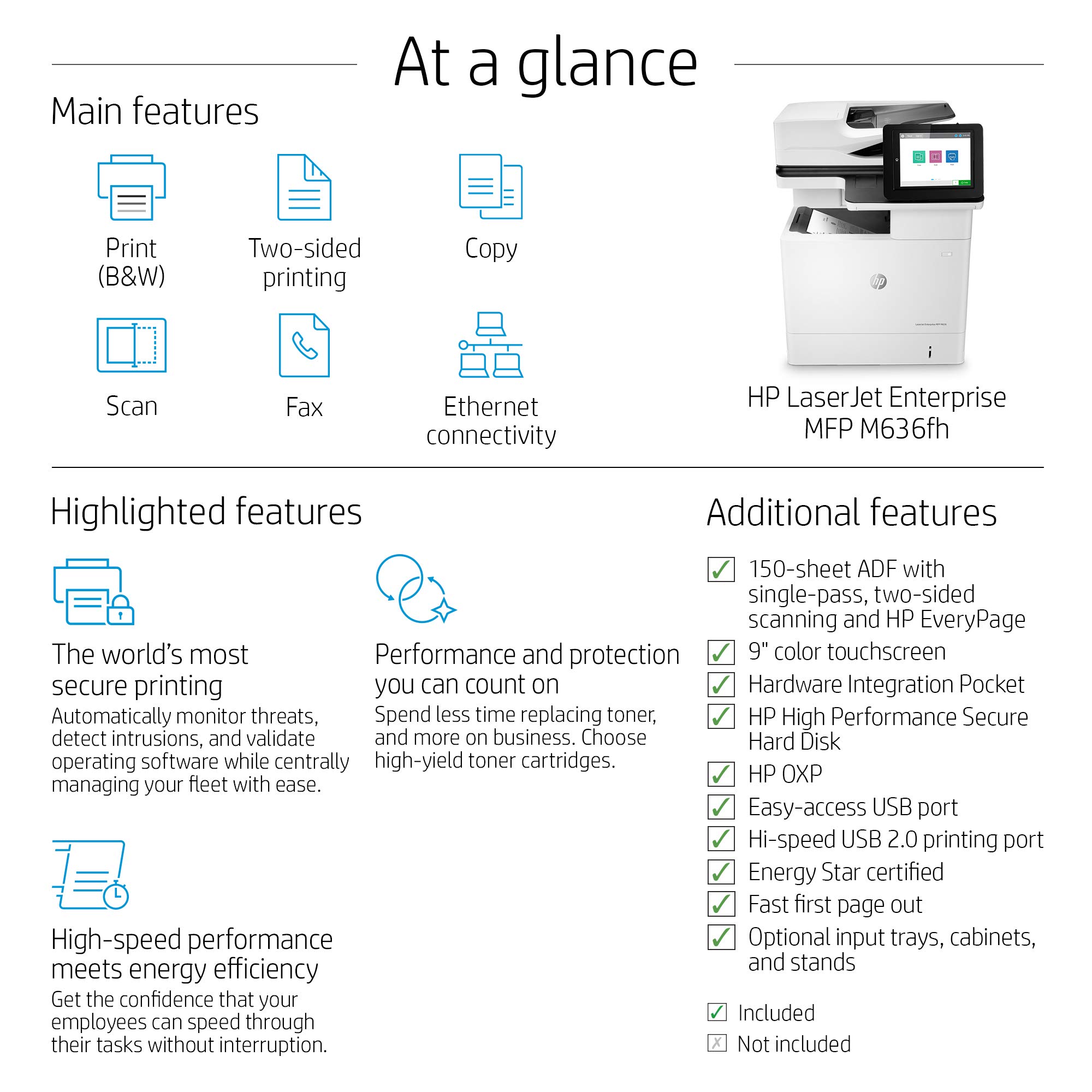 HP LaserJet Enterprise MFP M636fh Monochrome All-in-One Printer with built-in Ethernet & 2-sided printing (7PT00A), White