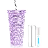 Bling tumbler Cup,Glitter Tumbler with 6 Pcs Straw Brushes 1 Pcs Cup Brush,Rhinestone Water Bottle with Straw Lid,Purple Stainless Steel Double Wall Vacuum Thermal for Women