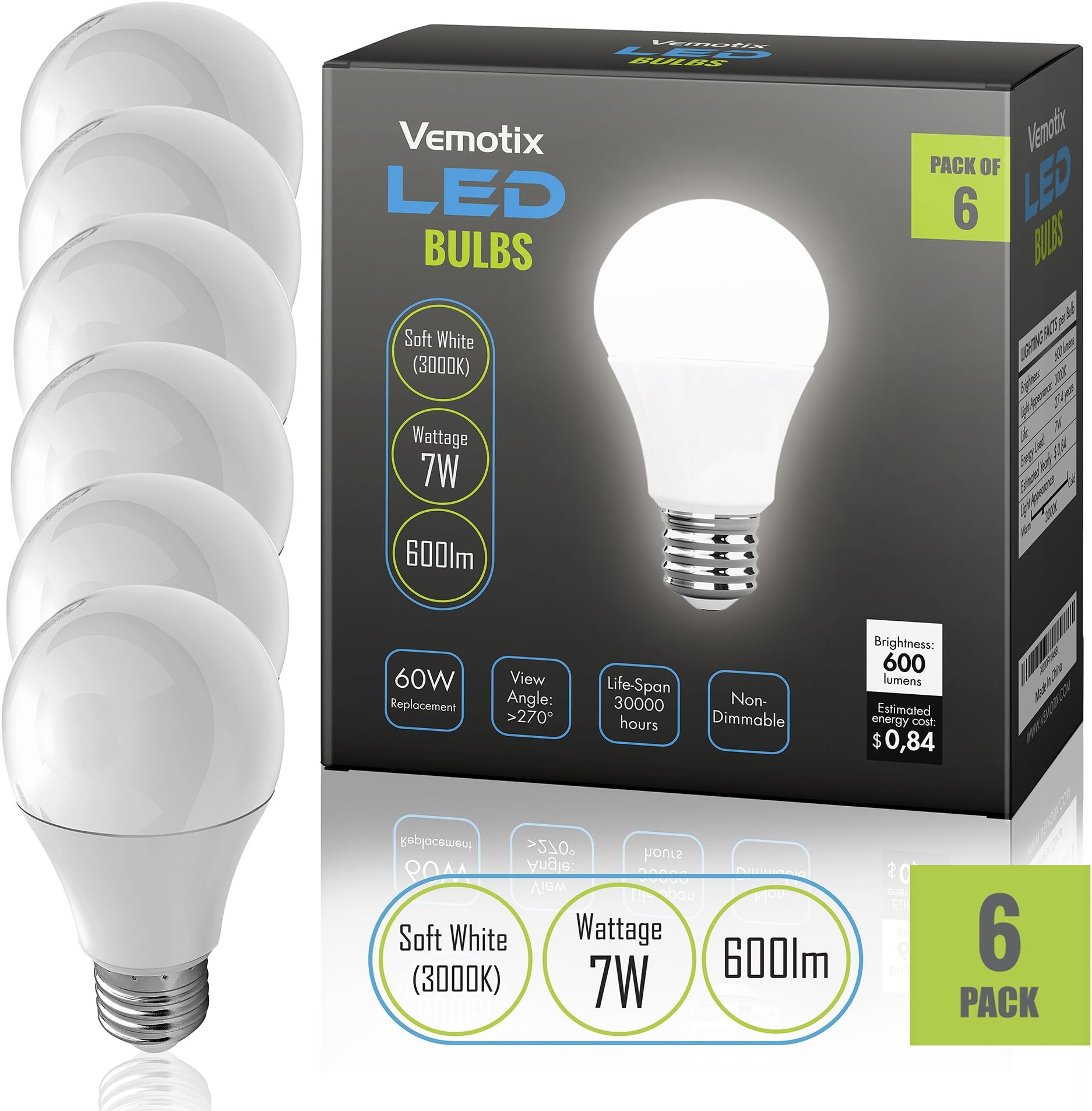 LED Bulbs Pack of 6 - A19 E27 7w Brightest 60W Soft White 3000k Light Bulb (Package May Vary)