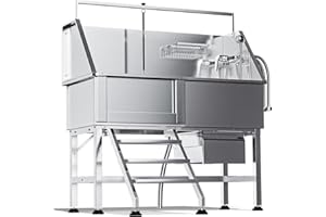 DYTREND Dog Washing Station for Home, Professional 46" Stainless Steel Dog Bathing Station, Height Adjustable Dog Grooming Tub w/Stair, Storage Drawer, Upgrade Parts(Left Stair)