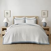 EVERGRACEHOME Border Frame Cotton Quilt Bedding Set, Queen, Blue Linen | Border Frame Cotton Quilt, Tack-Stitch Bedding Set, Oversized Lightweight Bedspread Coverlet, for All Season, with 2 Shams