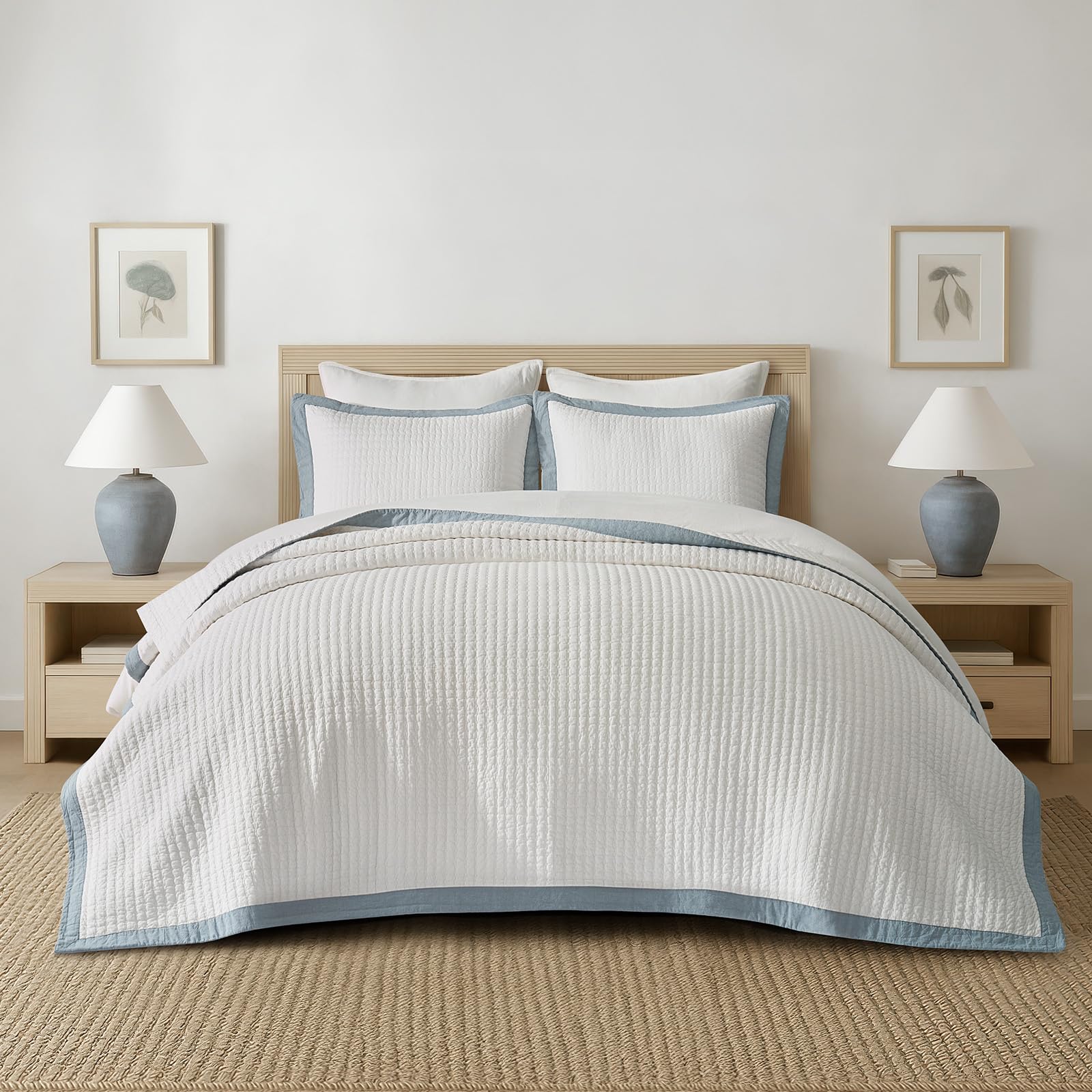 Photo 1 of EVERGRACE Cotton Border Frame Tack-Stitch Quilt Bedding Set Queen Size, Coastal Oversized 3 Pieces Lightweight Bedspread Coverlet for All Season, with 2 Matching Shams, Blue Linen