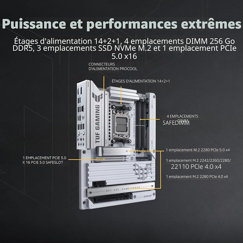 TUF Gaming B850-BTF WiFi W, Carte mère AMD ATX, 14+2+1 Phases d'alimentation, Fente DDR5, PCIe 5.0 Ready, 3 emplacements M.2, WiFi 7, Realtek 2.5Gb, USB-C, HDMI, DisplayPort, BIOS Flashback et