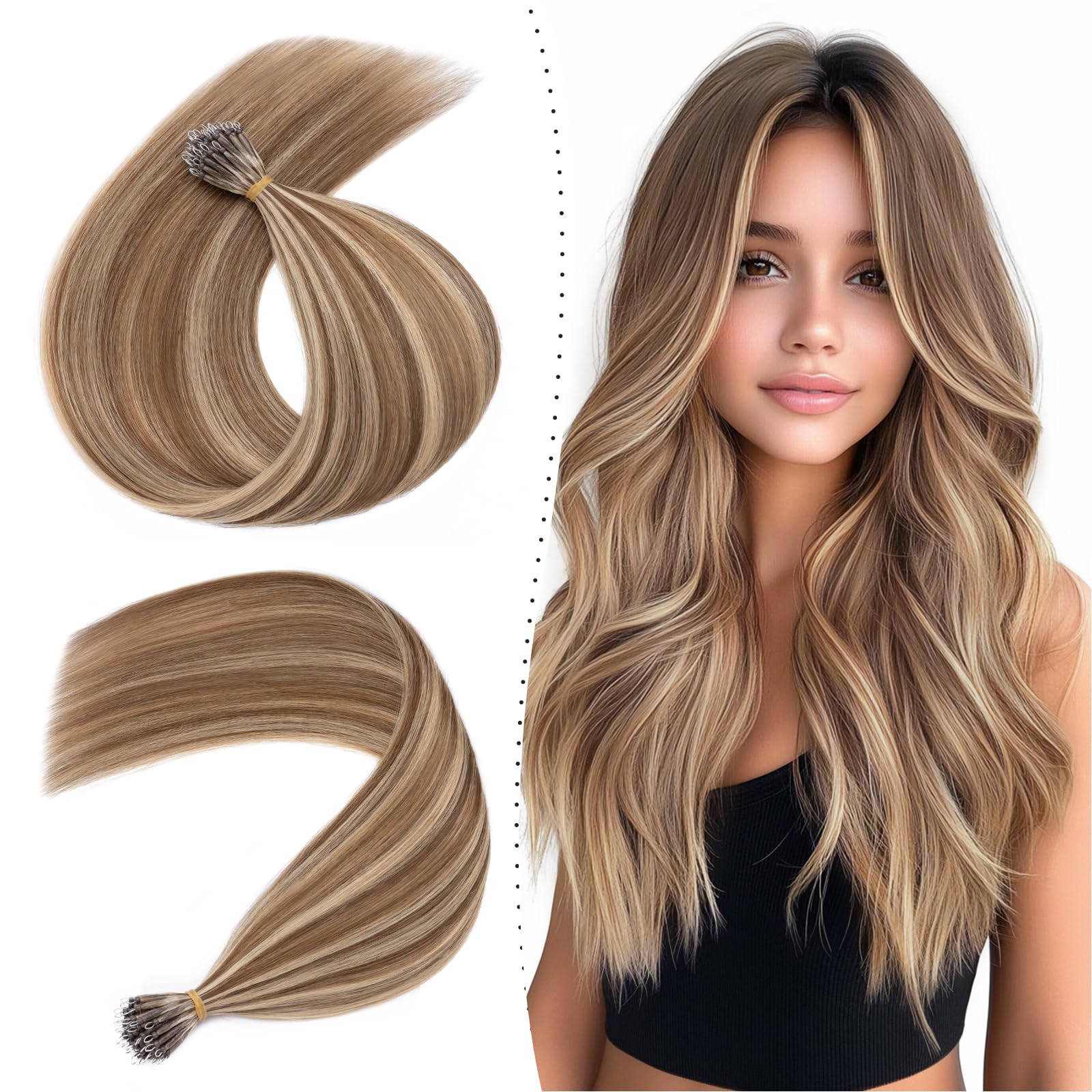 18 inches Nano Ring Tip Hair Extensions Pre Bonded 100% Real Hair Extensions 1g/s CoLd Fusion Hair Extensions #4P27 Medium Brown&Dark Blonde With Nano Beads Cold Fusion 50 Strands