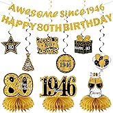 Kuxriox 11Pcs 80th Birthday Decorations Kit for Men Women, Black Gold Happy 80th Birthday Banner, Awesome Since 1946 Centerpieces Swirls Party Supplies, Eighty Bday Banner Ceiling Table Topper Sign