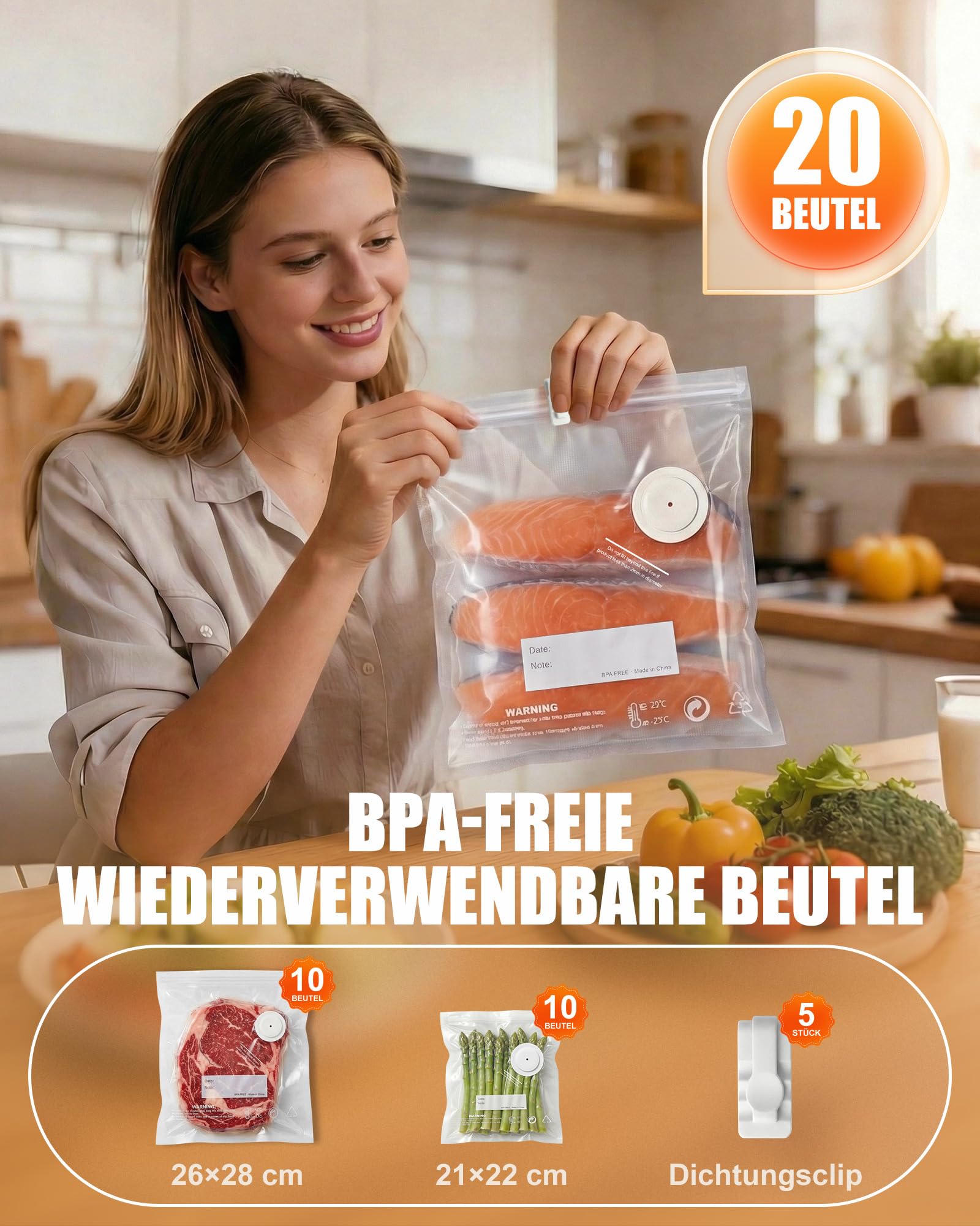 Babacom Kabelloses Tragbare Hand-Vakuumiergerät mit 20 wiederverwendbaren Vakuumierbeuteln, 60kPa starker Vakuumierer, EIN-Knopf-Autoversiegelung & Pulsmodus für Batch-Kochen Folienverpackungszubehör 6