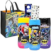 Ultimate Batman Bathroom Set - Bundle with Justice League Shampoo, Body Wash, Bubble Bath, Tote Bag, Stickers, More | Batman Bath and Shower Supplies Kit for Kids, Boys