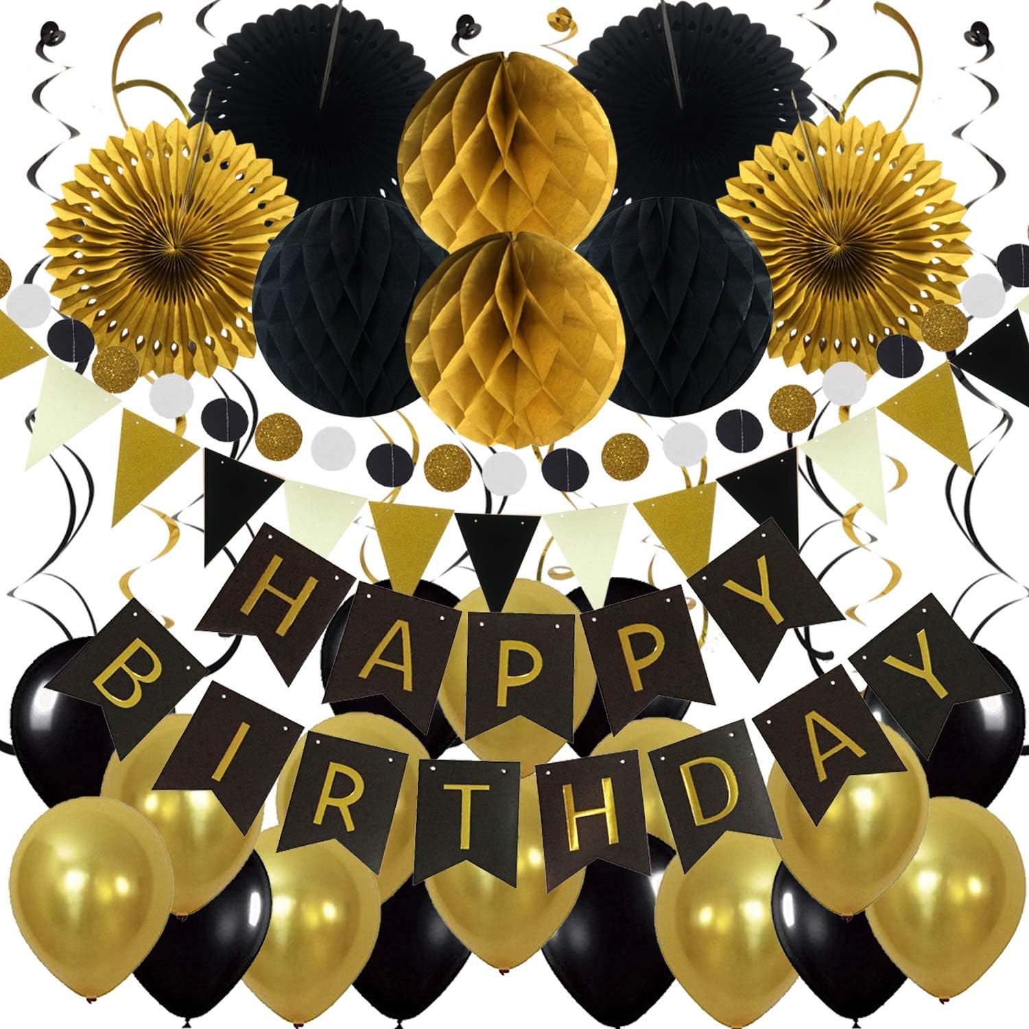 ZERODECO Birthday Party Decoration, Happy Birthday Banner with Paper Fans, Honeycomb Balls, Triangular Pennants