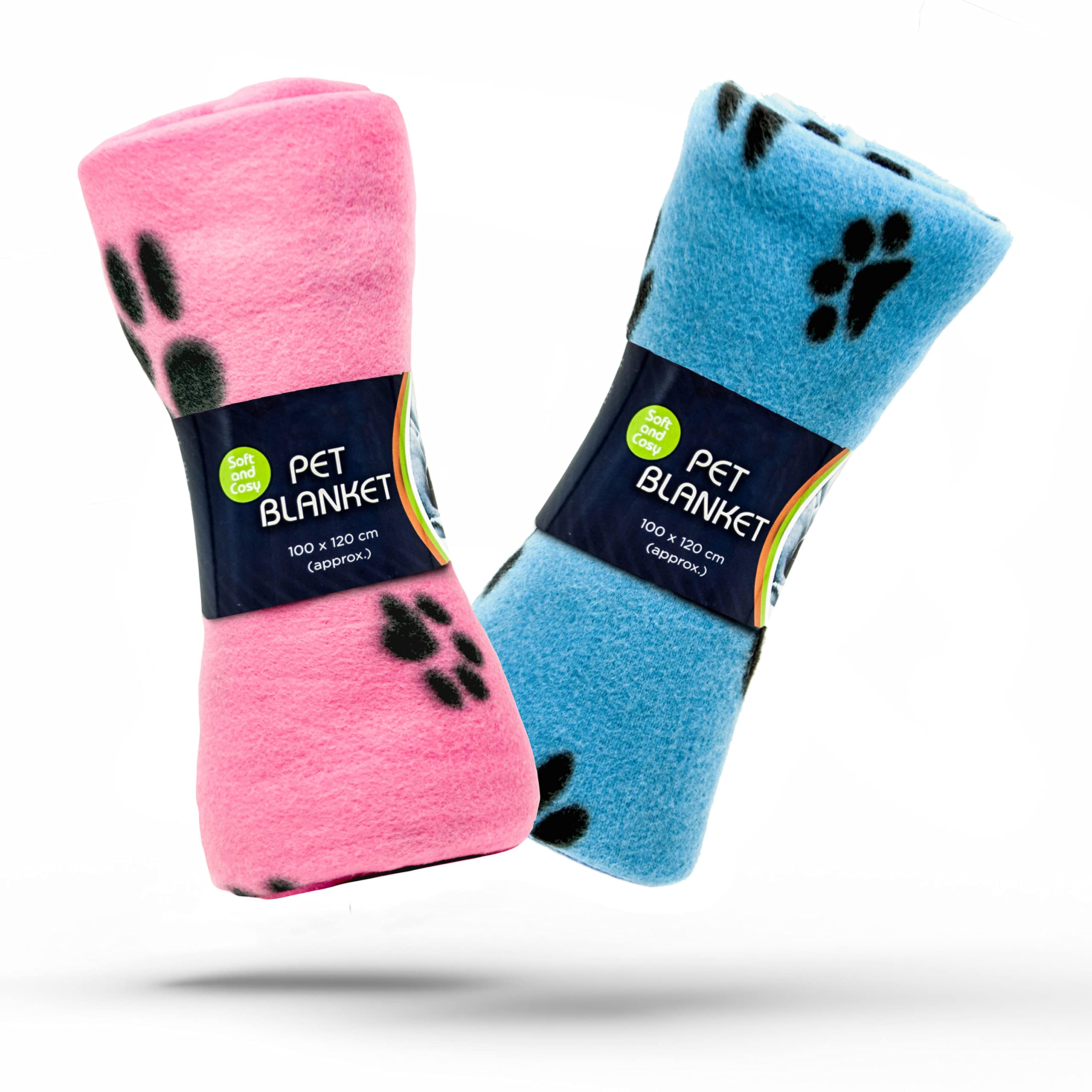 Petopedia 2x Soft Warm Dog Fleece Animal Pet Blankets with Paw Prints – Cat, Puppy & Dog Blankets Washable Bed Travel (BLUE & PINK, 100cm X 120cm (Pack of 2))