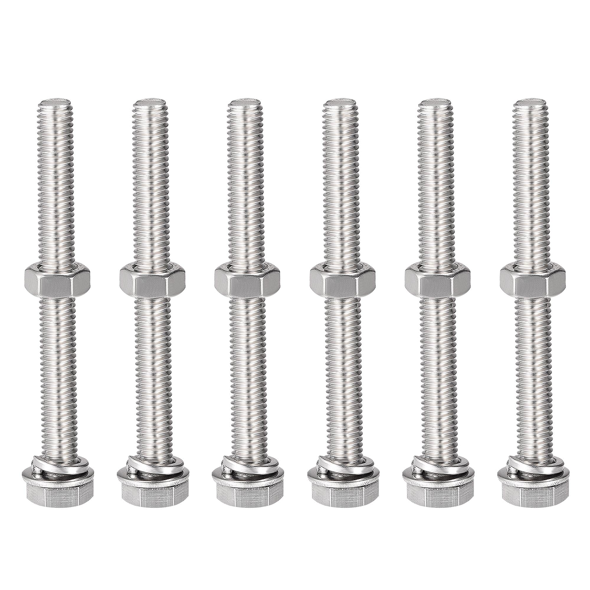 sourcing map M8 x 75mm Hex Head Screws Bolts, Nuts, Flat & Lock Washers Kits, 304 Stainless Steel Fully Thread Hexagon Bolts 6 Sets