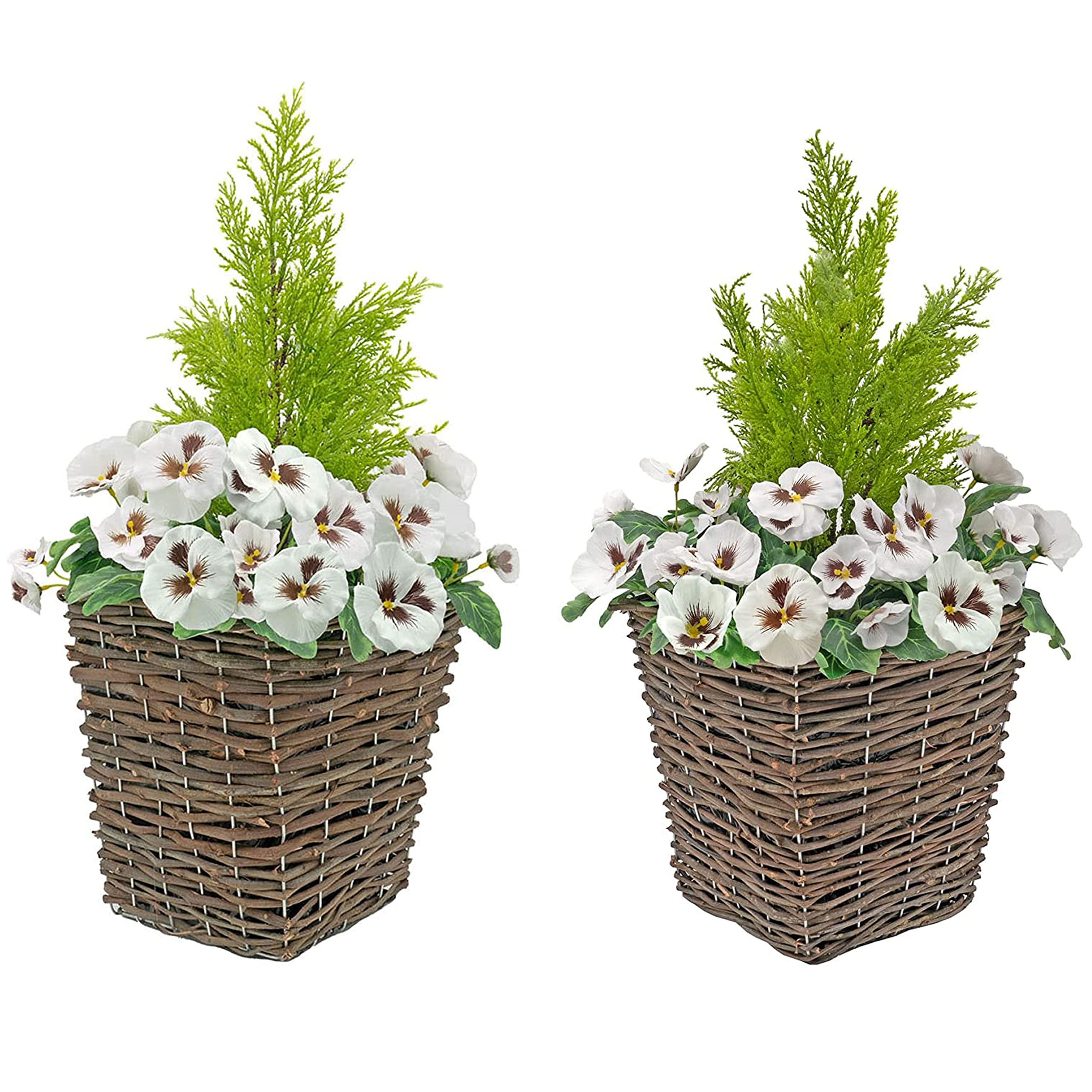 2 x Artificial Rattan Patio Planters All White Faux Silk Pansies with Conifer/Cedar Topiary ideal for Home, Patio, Garden Outdoor Living 60cm/23.5in