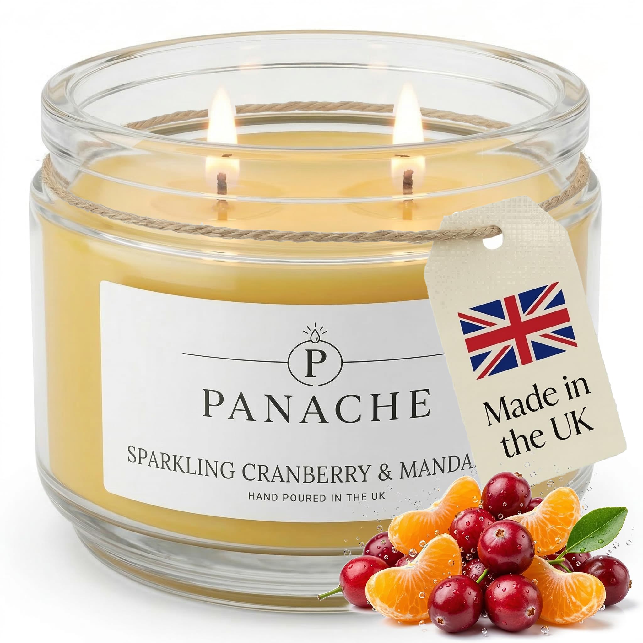 Panache Sparkling Cranberry & Mandarin Scented Candle – Double Wick Soy Wax Candle, 48 Hour Burn Time, Hand Poured in UK, Clean Burning Cotton Wicks, Luxury Glass Jar Candle for Home Fragrance & Gifts