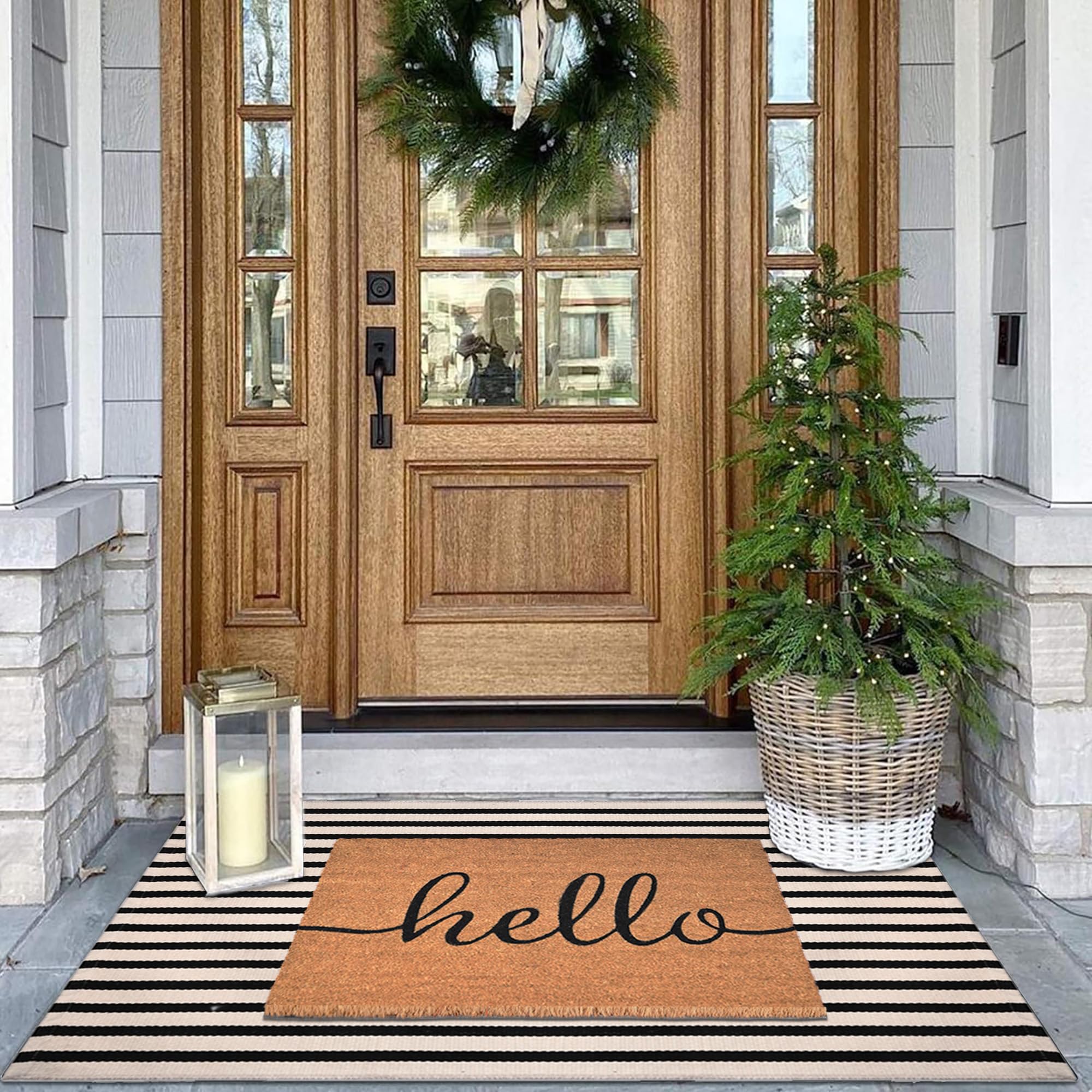 Fallovea Front Door Mat Combo Set, Hello 100% Coco Coir Welcome Doormat + 28" x 43" Layered Buffalo Black and White Striped Rug, Spring Thanksgiving Porch Entryway Decor Indoor Outdoor Floor Mats - Image 2