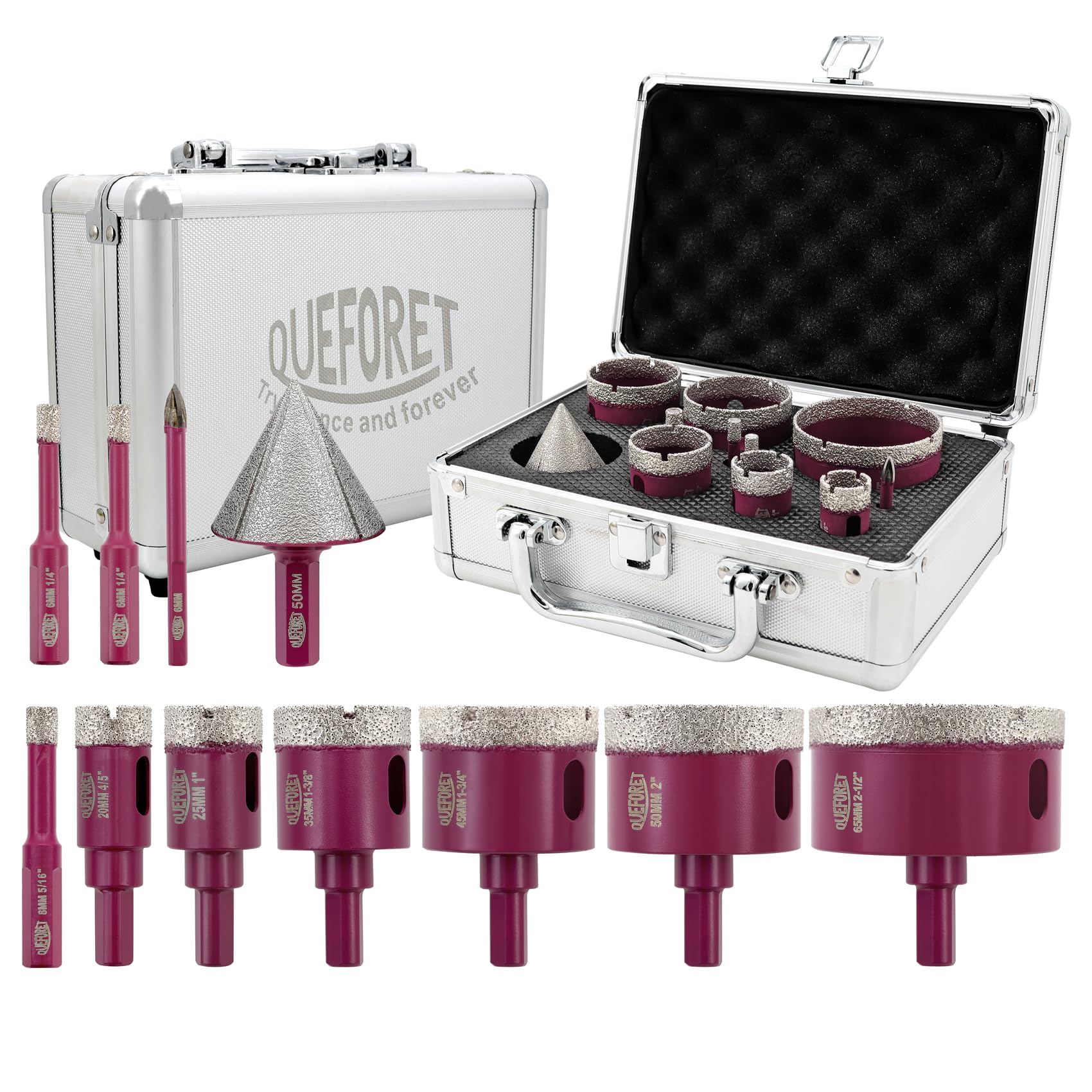 QUEFORET Diamond Drill Bits Set 11pcs - 9pcs 6/6/8/20/25/35/45/50/65mm Dry Hole Saw, 1pc 6mm Carbide Drill, 1pc 50mm Beveling Chamfer Bit for Ceramic Porcelain Tile Marble Granite