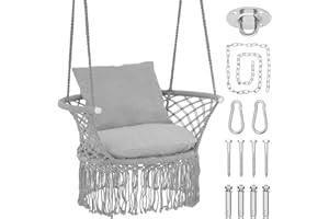 Athena Collection Hammock Swing Chair with Cushion, Outdoor Macrame Chair with Mounting Hardware, Max 350 Lbs, Large Cotton Rope Hanging Chair for Outdoor Indoor Porch Garden, Gray
