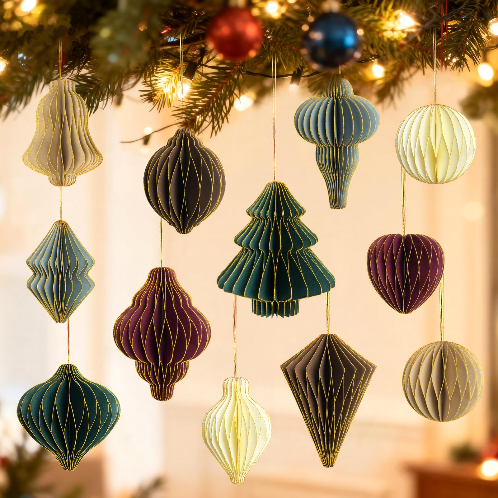 Photo 1 of 12Pcs Paper Honeycomb Christmas Tree Decorations, 3D Mini Glitter Edge Paper Honeycomb Lantern Ornaments for Vintage Neutral Christmas Party Home Decor Mixed