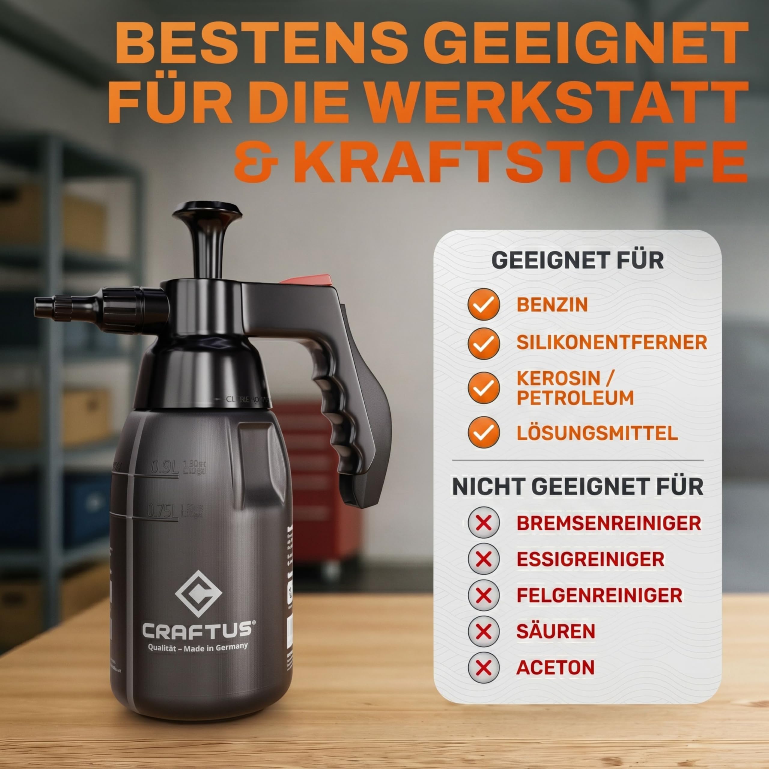 CRAFTUS® Drucksprüher 1L für gleichmäßige Verteilung von Flüssigkeit I Pumpsprühflasche für KFZ, Haus, Garten, Reinigungsmittel UVM. I Pumpflasche mit Überdruckventil & Verstellbarer Düse 2