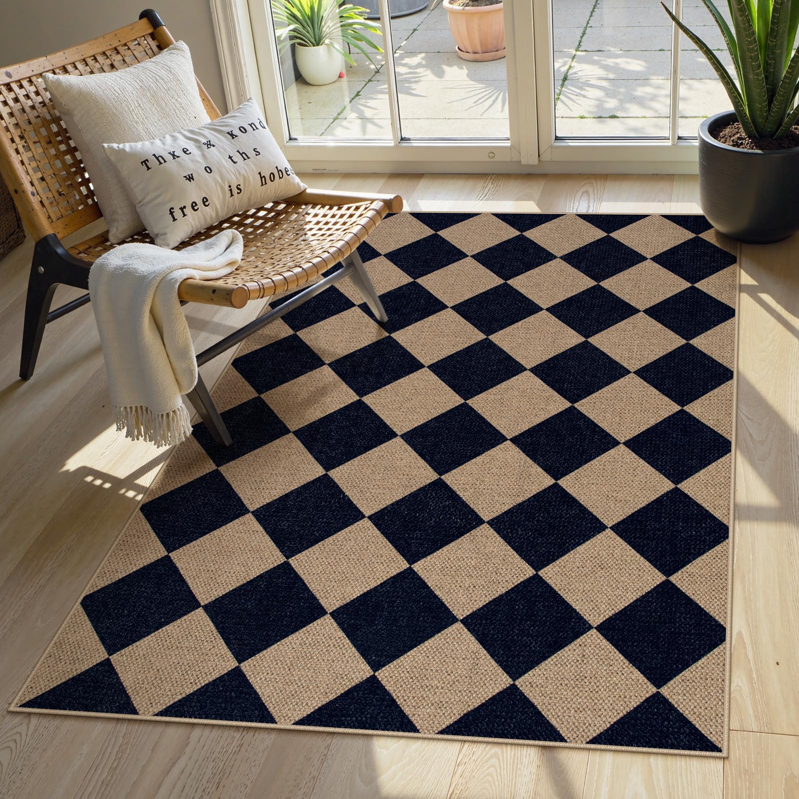 Photo 1 of Lahome Checkered Easy Jute Entry Rug, 3x5 Black Outdoor Patio Rug for Living Room Farmhouse Neutral Carpet, Washable Non Slip Indoor Door Mat Diamond Carpet for Front Door Deck Camping