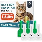 Topical Flea and Tick for Cats &amp; Kittens Over 1.5 lbs, Waterproof, Monthly At-Home Cat Care for Cats 8 Weeks or Older, 6-Dose Supply