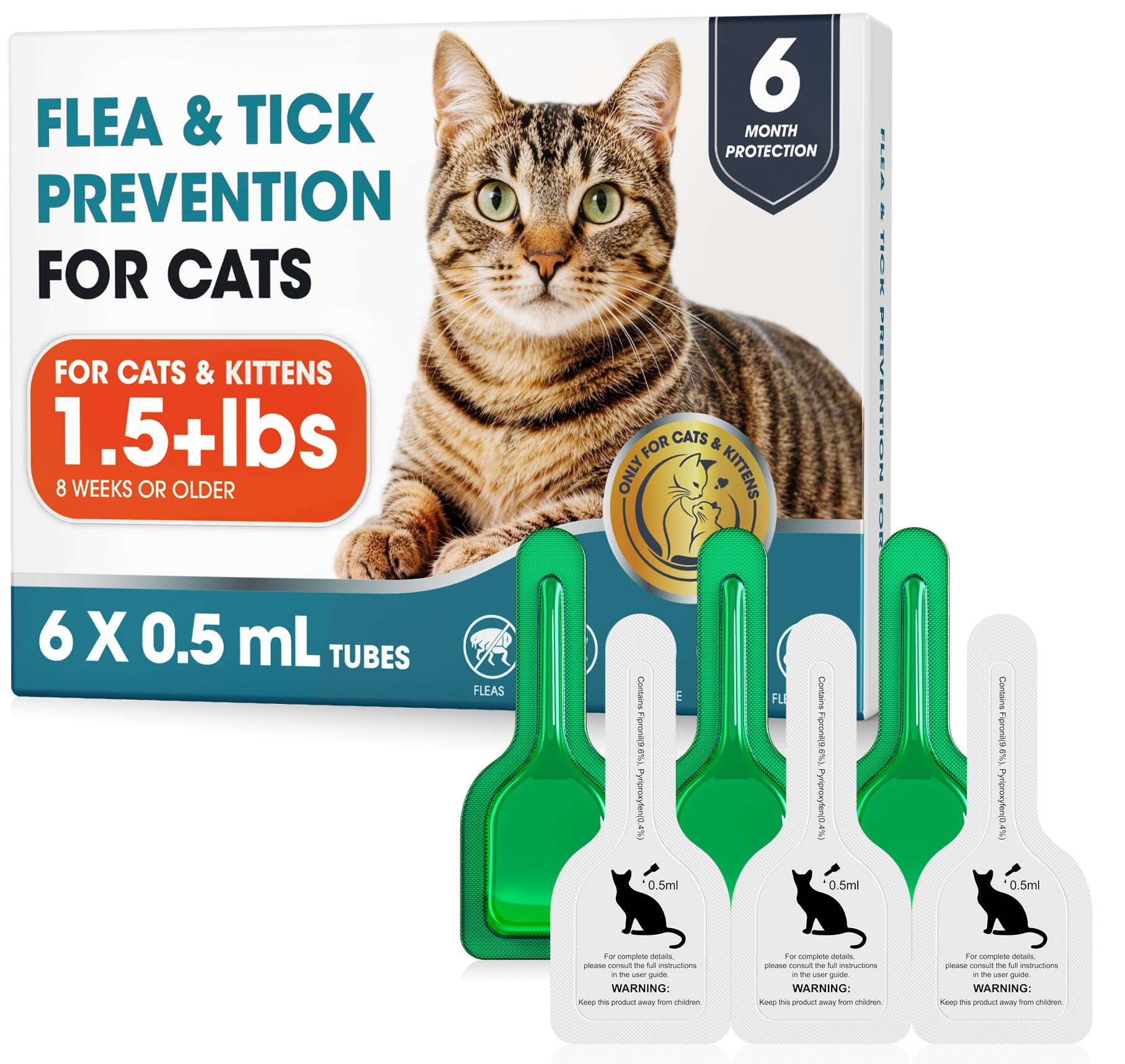 Topical Flea and Tick for Cats & Kittens Over 1.5 lbs, Waterproof, Monthly At-Home Cat Care for Cats 8 Weeks or Older, 6-Dose