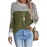 WDIRARA Women's Striped T Shirts Color Block Long Sleeve Crew Neck Tees Casual Tops