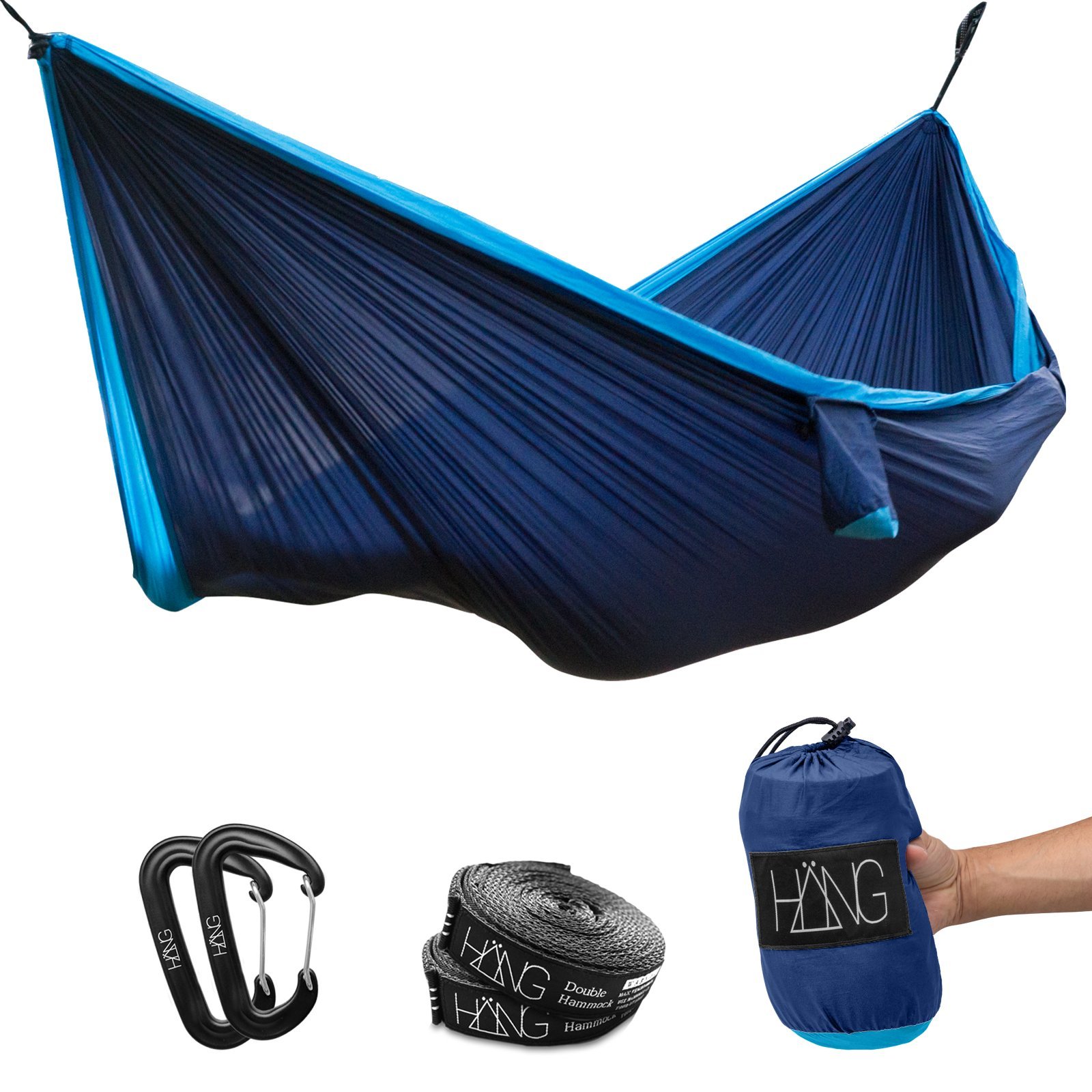 Hang, (double) hammock made of parachute silk 300 cm x 170 cm Holds up to 200 kg including suspension, Navy & Blue