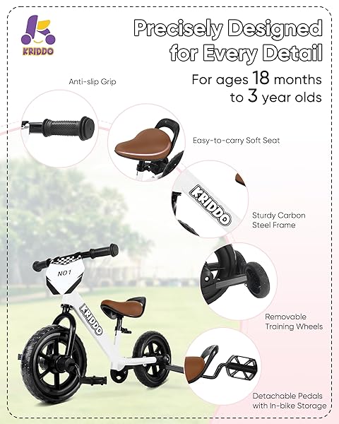 KRIDDO 2-IN-1 KIDS TRICYCLE AND TODDLER BALANCE BIKE 2 YEAR OLD, DETACHABLE PEDALS AND STOWABLE TRAINING WHEELS, DIY PLATE, RIDING TRIKES TOY FOR AGES 18 MONTHS TO 3 YEARS, WHITE