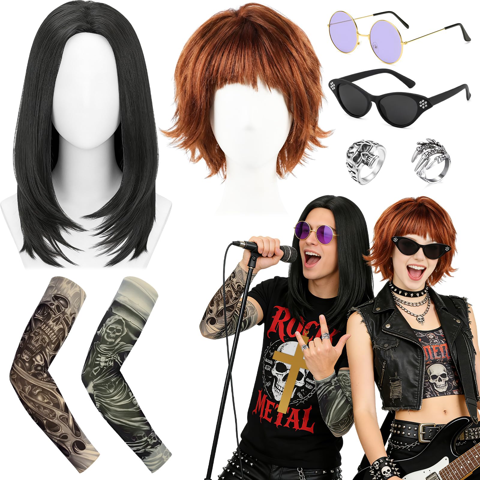 Wynlora Couple Rock Star Costume Set, Gothic Punk Fancy Dress Accessories Includes Wigs Tattoos Sleeves Sunglasses Cross Necklace Rings for Men Women Halloween Music Festival