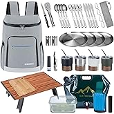 Picnic Backpack Bundle 15-in-1 Set Camping Gear with Fold Table & Waterproof Blanket & Stainless Steel Utensils for 4-Person Family Hiking Essentials