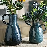 Tanvecle Ceramic Vase Set of 2, Blue Glazed Small Pottery Vases with Handles, Decorative Clay Vase Modern Farmhouse Decor, Centerpiece Dining Table Decorations Porcelain