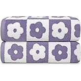 Jacquotha 2-Pieces Luxury Bath Towels Checkered Floral, Purple Towels for Women Girls Shower Body 27.5x55 Inches, Cute Bathroom Decor, Cotton