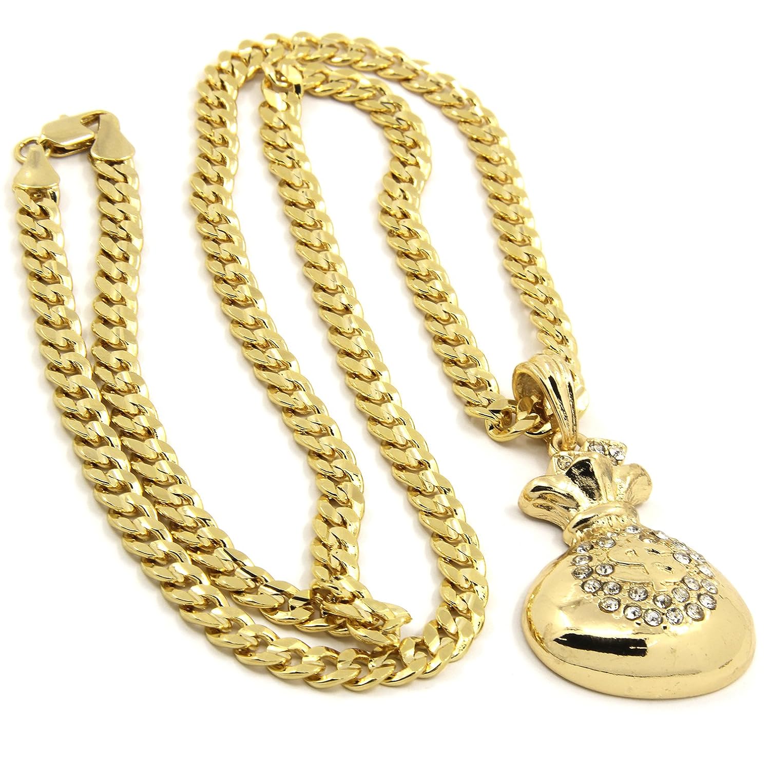Mens Gold Plated HipHop Iced Cash Money Bag Pendant 5mm 24" Cuban Chain Necklace D536