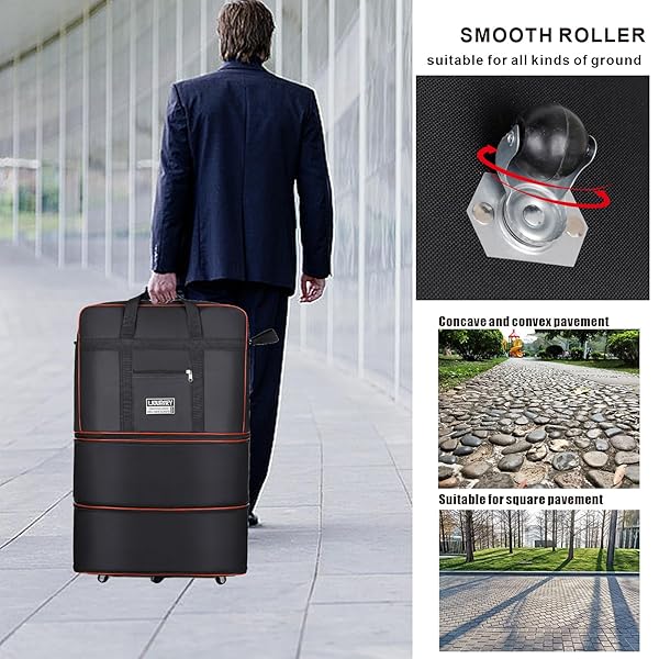 EXPANDABLE LARGE CAPACITY TRAVEL BAG OXFORD CLOTH DUFFEL BAG WITH WHEELS LIGHTWEIGHT WATERPROOF TRAVEL FOLDABLE SUITCASE(BLACK)