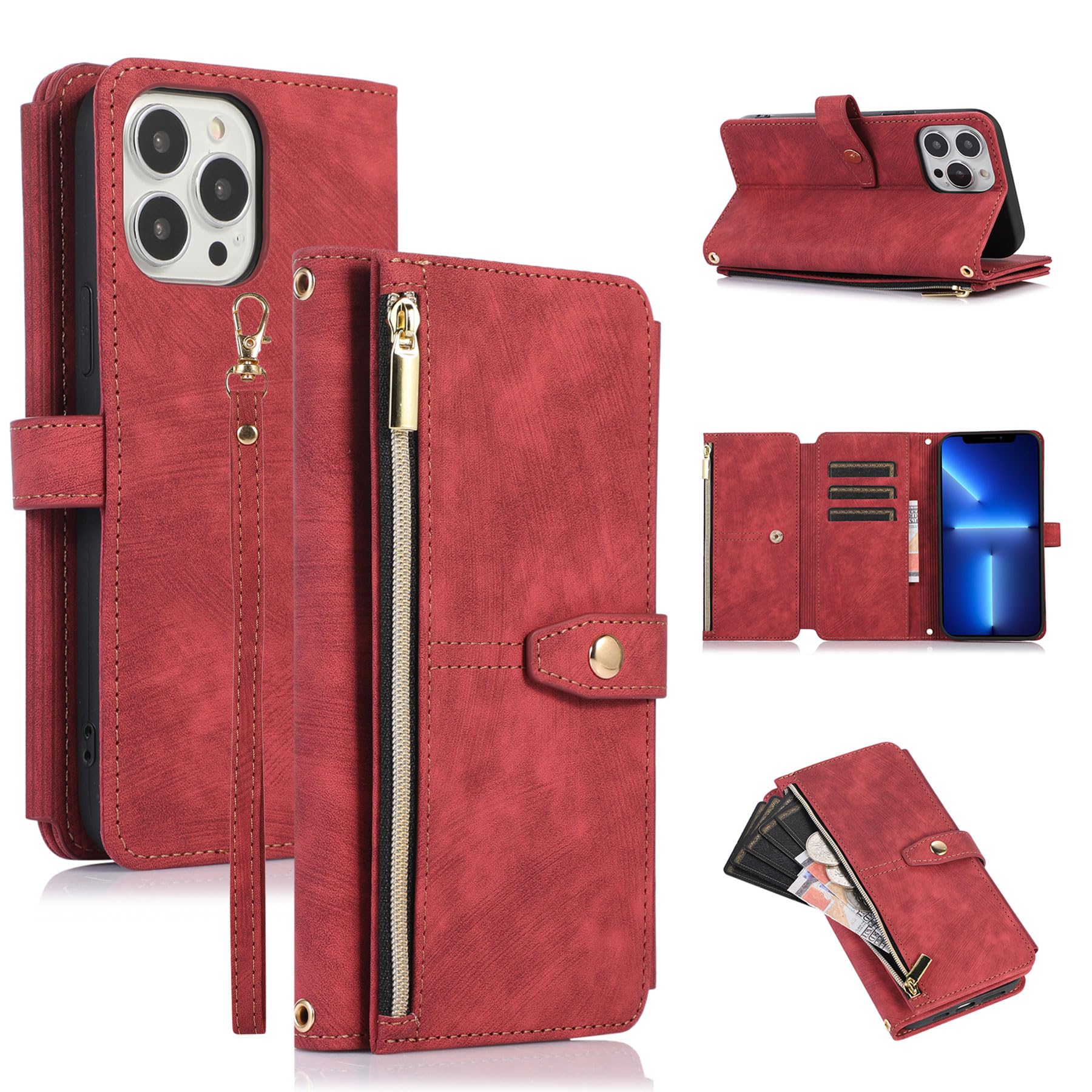 ZCDAYE Wallet Case for iPhone 12, Premium Leather Phone Case Women Ladies Holster with Card Slots Wrist Strap Zipper Flip Phone Cover for iPhone 12 (6.1 inches), Red — image 1