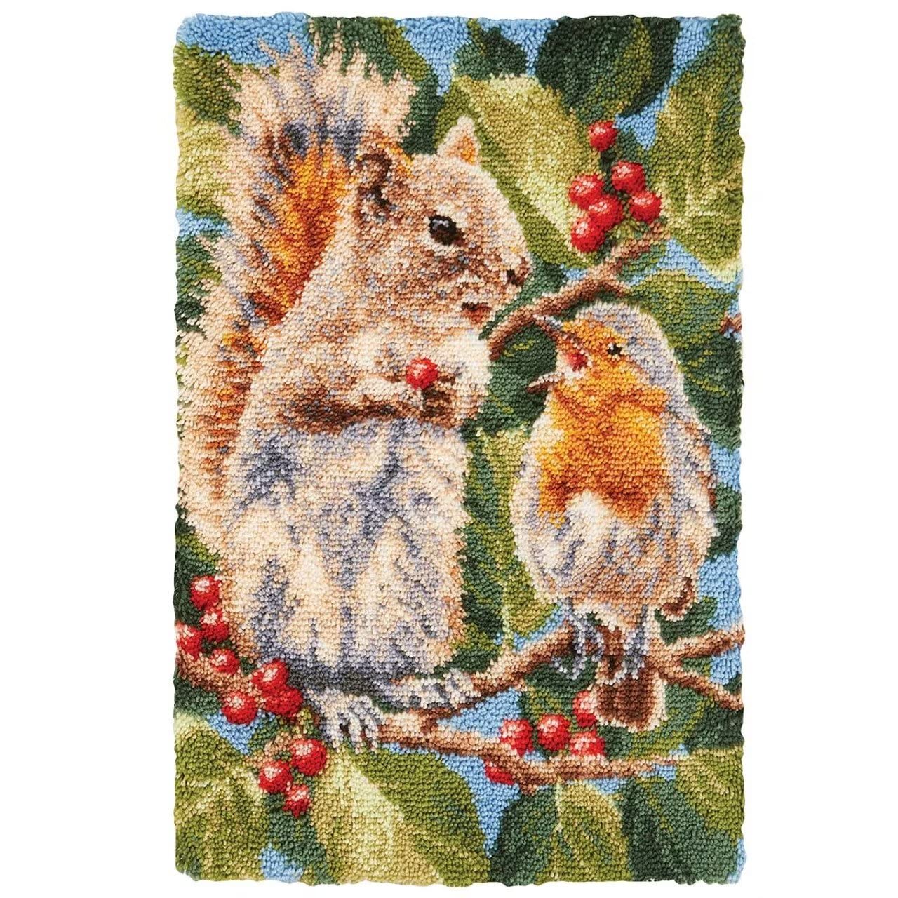 ROCKY&CHAO Latch Hook Kits for Adults Squirrel and Bird 23.6X15.7Inch, DIY Latch Hook Rug Kit 60X40CM, Home Carpet Rug Making Kit, Cross Stitch Embroidery Kits Needlework Crafts Rug for Home Decor — image 1