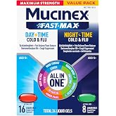 Mucinex Fast-Max Maximum Strength Day &amp; Night Cold and Flu Medicine for Adults, Powerful Over-the-Counter Medication for Cold &amp; Flu Symptoms, Fast Dissolving Liquid Gels, 24 Count