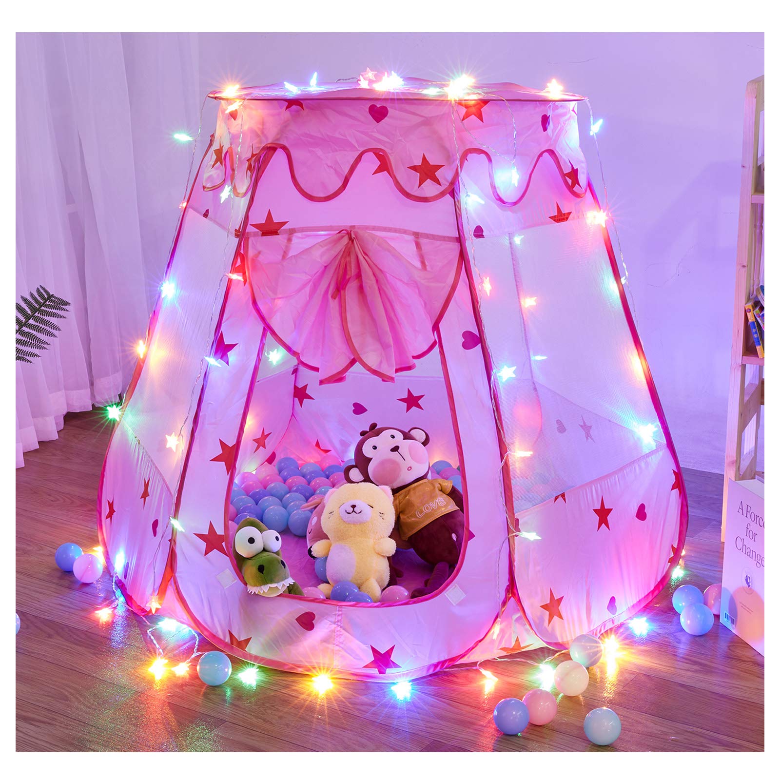 TTLOJ Gift for Christmas Baby Kids Play Tents with Star Lights for Girls Boys, Princess Castle Toy Tent, Playhouse for Toddler Play House, Teepee Tent Indoor Outdoor Ball Pit (Balls not Included