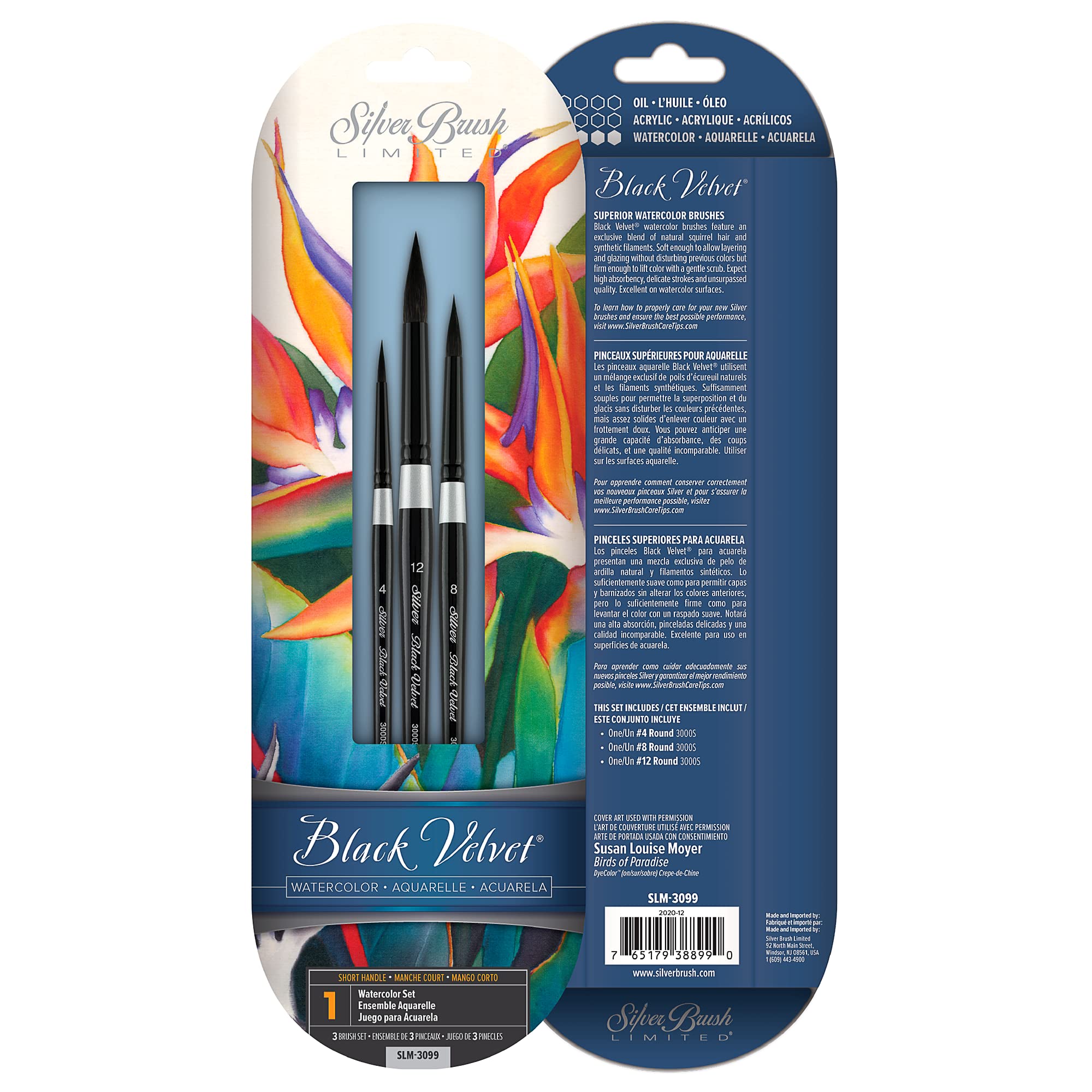 Silver Brush Limited SLM 3099 Susan Louise Moyer Basic Set, 3pc Professional Paint Brush Set, Squirrel Hair and Synthetic Mix Blend Filament Short Handle Round Watercolour Brushes Sizes 4, 8, and 12