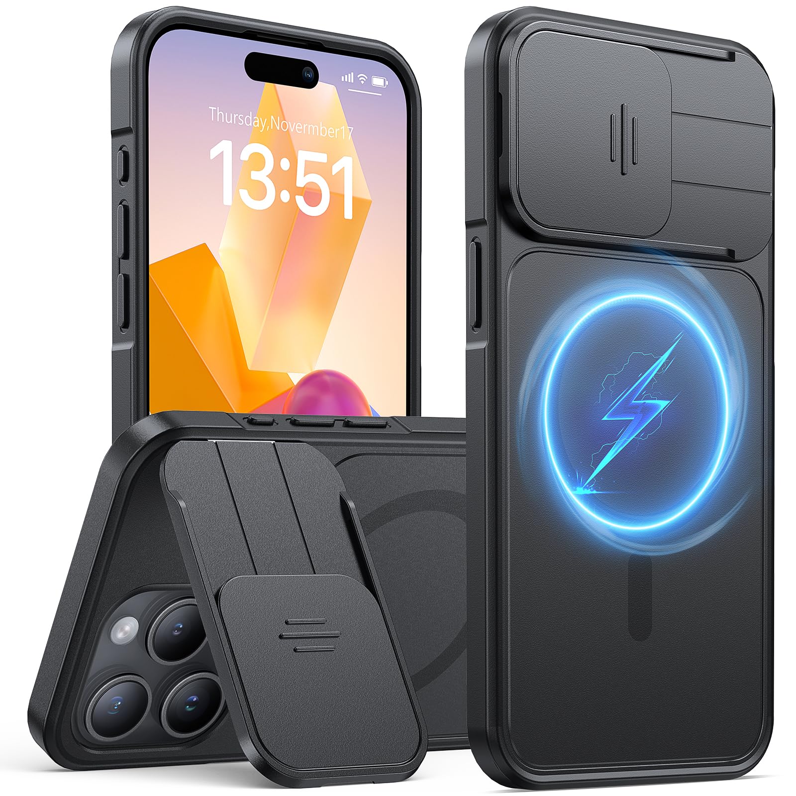 Photo 1 of L K for iPhone 15 Pro Case with Kickstand, Upgraded [Slide Camera Cover], Heavy Duty Magnetic Phone Case, Compatible with MagSafe, Military-Grade Drop Protection, Black, 6.1"