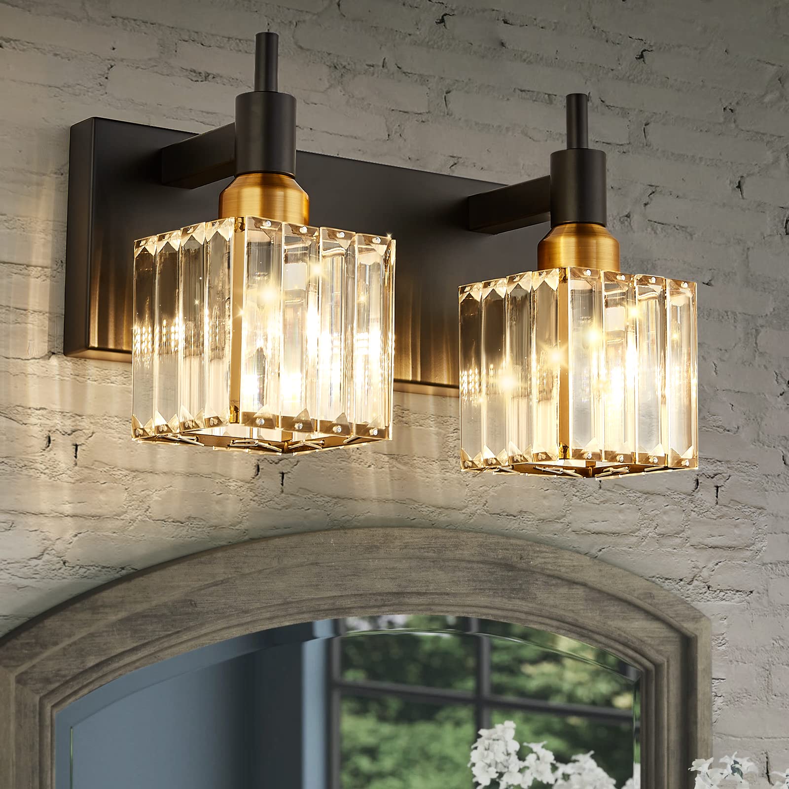 Photo 1 of HUOKU Modern Crystal Bathroom Vanity Light 2-Lights Black and Gold Bathroom Light Fixtures Over Mirror Bath Wall Sconce Lighting with Adjustment Angle